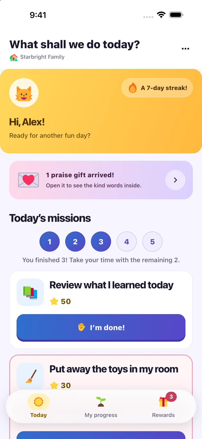 Child’s Today screen with a mission list and I’m done buttons
