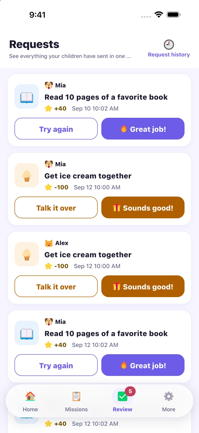 Parent review screen with completed missions and family reward requests