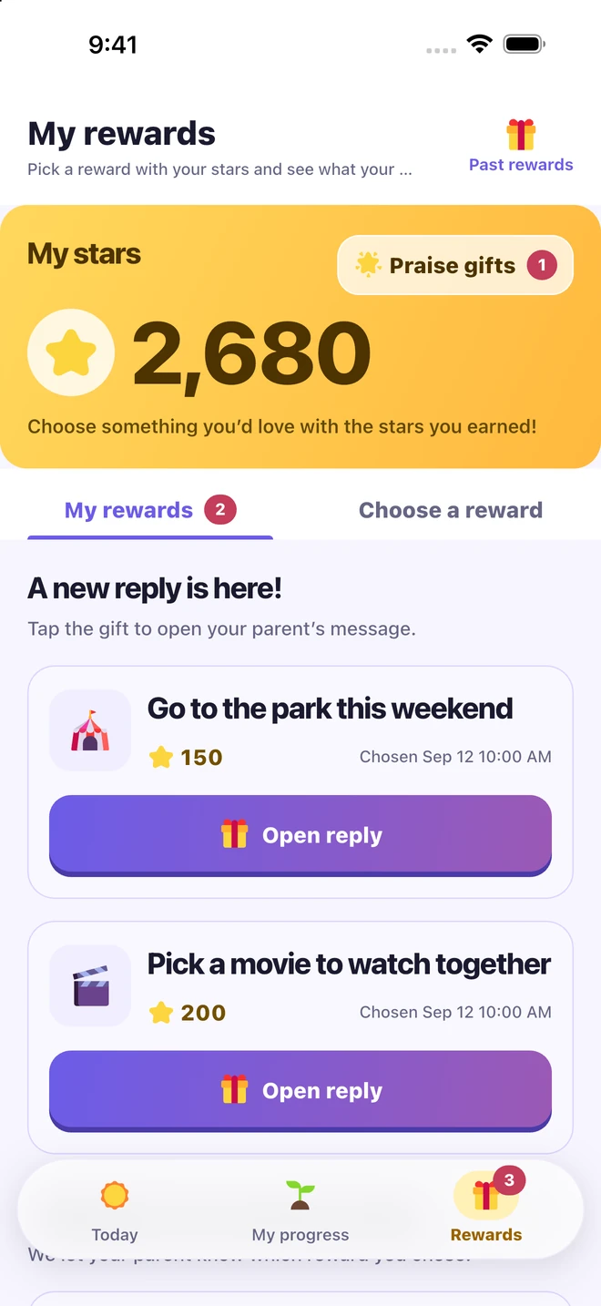 Collected stars, agreed family rewards, and buttons to open a parent’s reply
