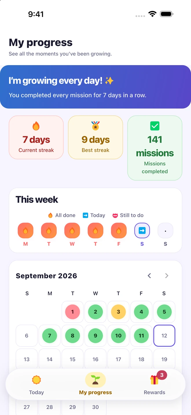 Child’s progress screen with weekly activity and a monthly calendar