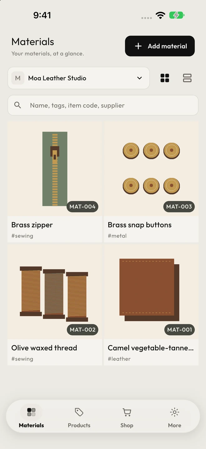 MoaGam materials screen with photos of leatherworking supplies and a search field