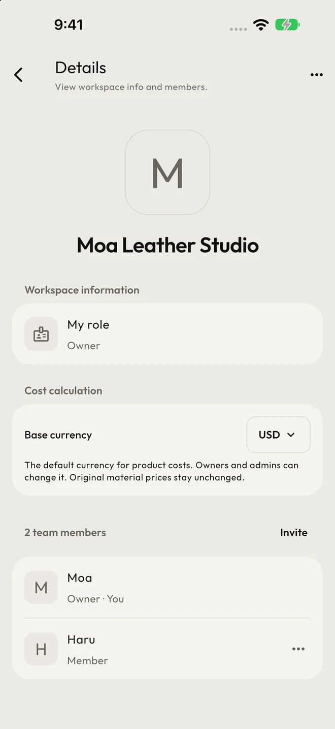 Workspace details with base currency, member roles, and a team invitation action